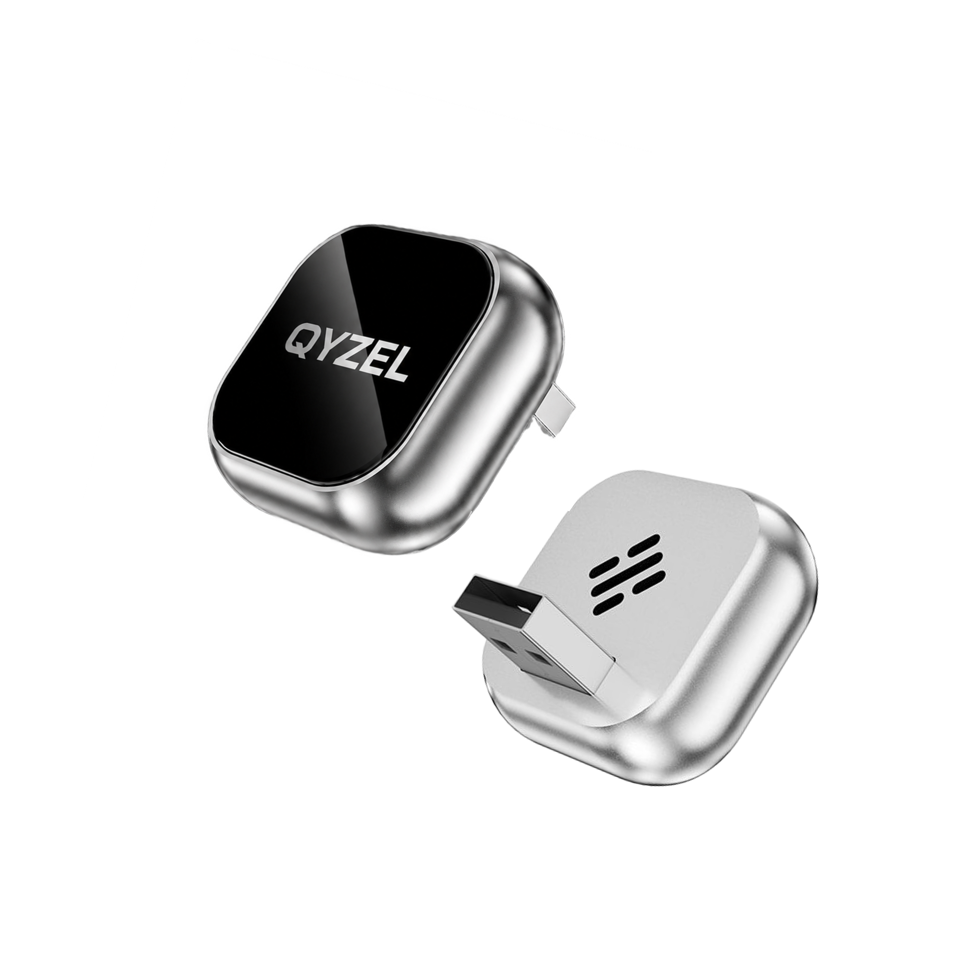 QYZEL M4 Pro adapter 4in1 wireless CarPlay & Android Auto, tampak depan dan belakang dengan colokan USB