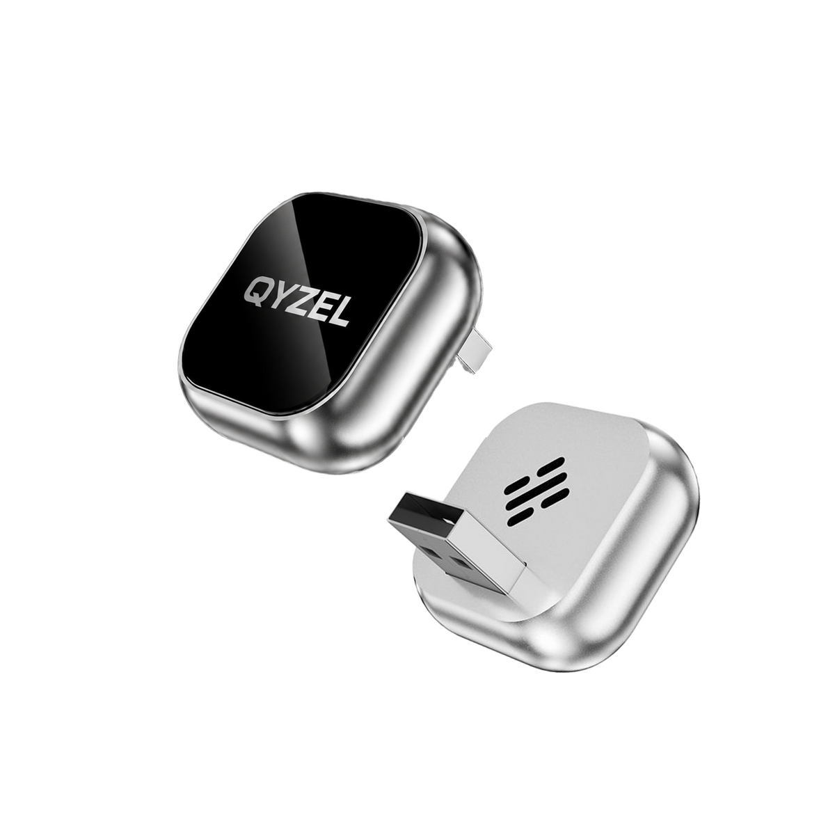 QYZEL M4 Pro adapter 4in1 wireless CarPlay & Android Auto, tampak depan dan belakang dengan colokan USB