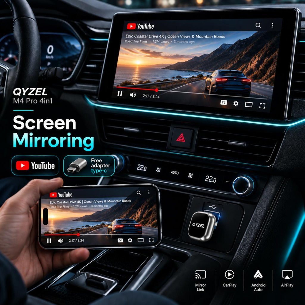 QYZEL M4 Pro adapter 4in1 wireless CarPlay Android Auto AirPlay – foto 3